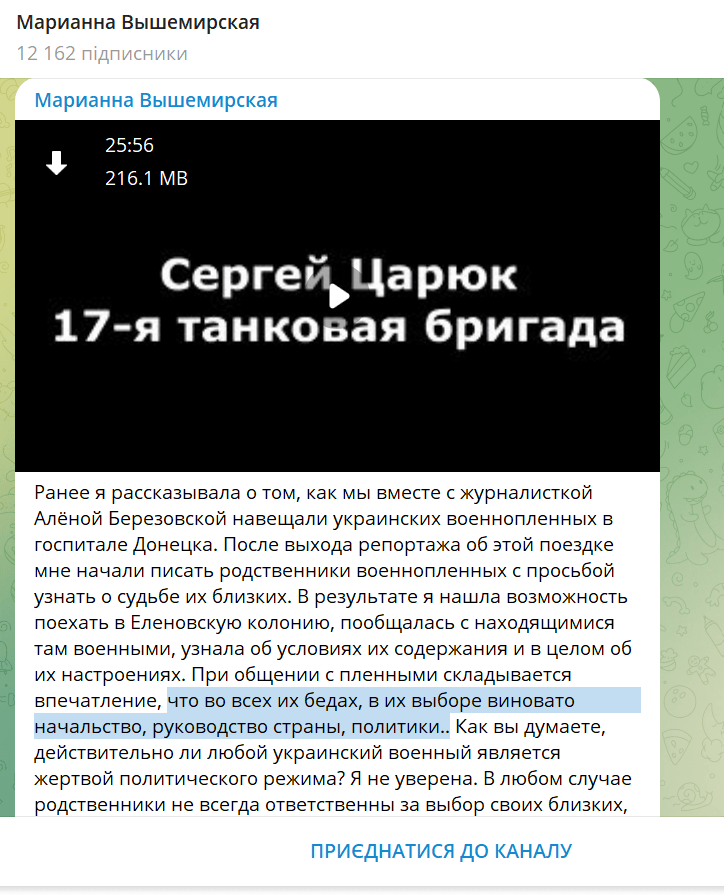 Вишемірська - звинувачення керівництва України та політиків, скріншот з ТГ-каналу Маріанни Вишемірської