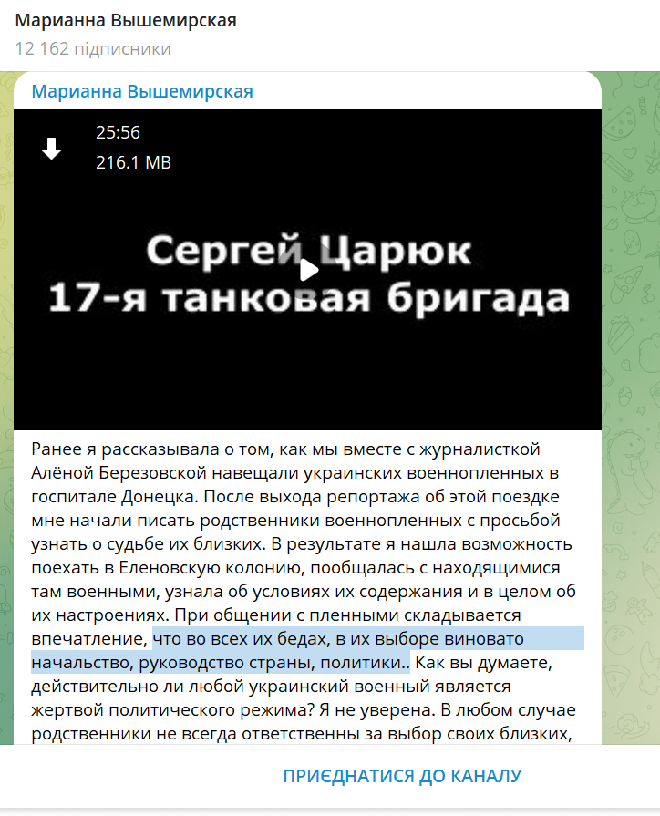 Вышемирская - обвинения рокуводства Украины и политиков, скриншот из ТГ-канала Марианны Вышемирской