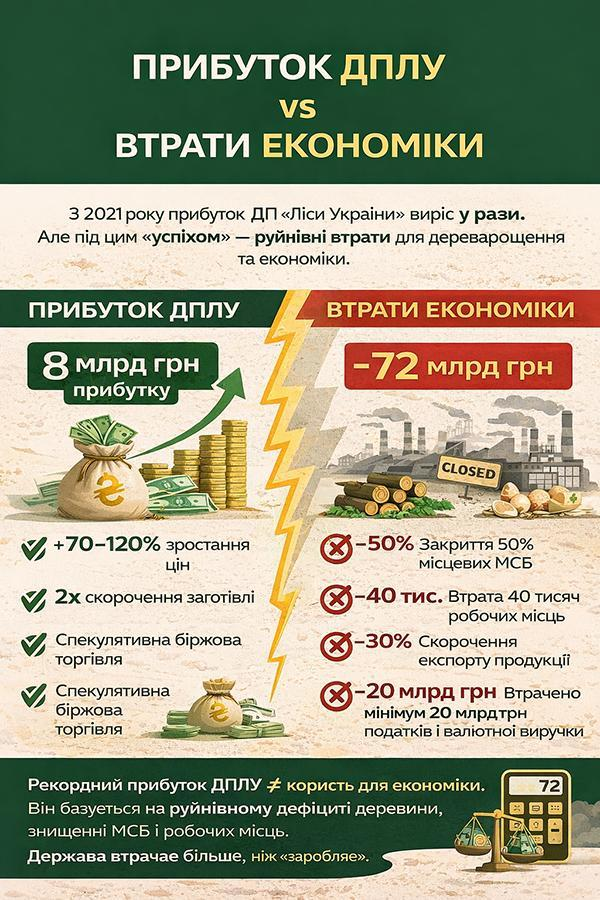 Золотий мільярд Болоховця: як «реформа» знищила лісову галузь України 19 Свіжа інфографіка про «успіхи» реформи Болоховця за 2021-2025 рр. (дані ГО «Відкритий ліс»)