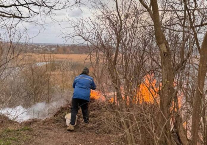 Чоловік палить листя рівненська області Палія сухої трави спіймали у Рівному