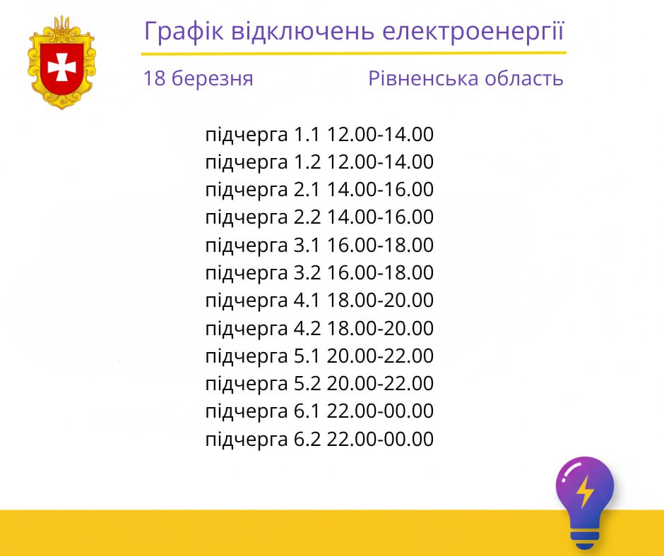 Графік відключення світла у Рівненській області