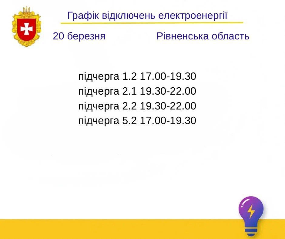 Графік відключення світла у Рівненській області 20 березня 1 Графік відключення електроенергії