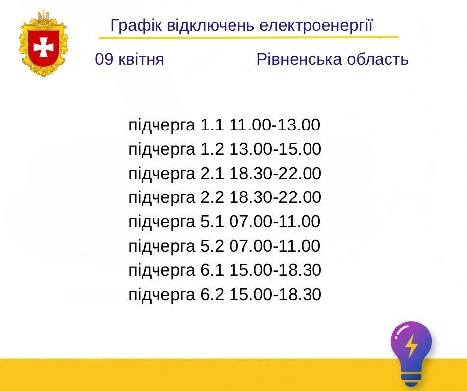 Графік відключення світла у Рівному та області на 9 квітня 1 Нема світла Рівне